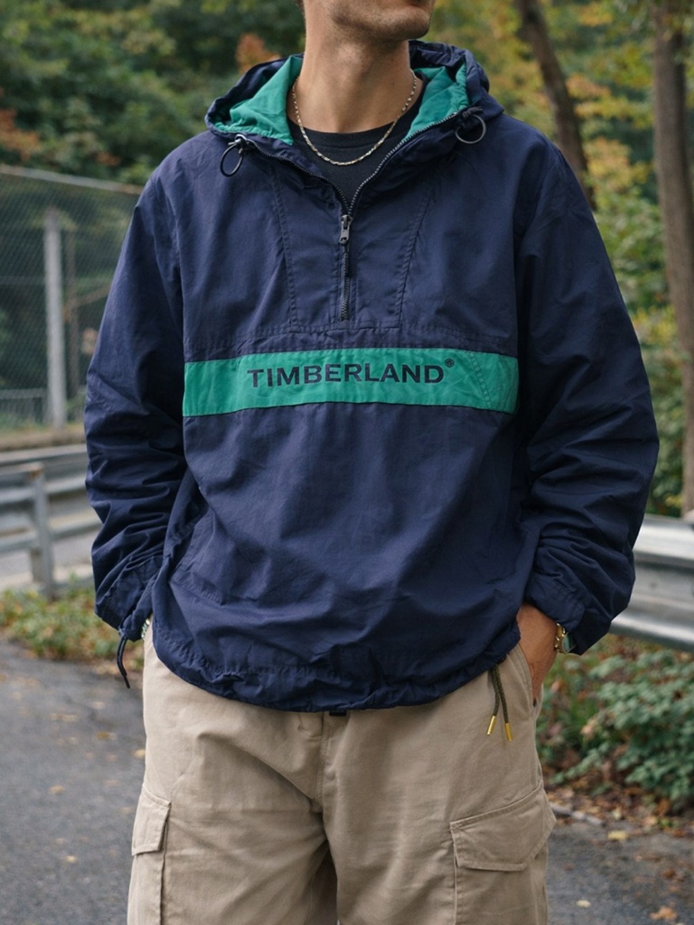 Vintage 90s Timberland Weathergear Anorak Windbreaker Navy Green Half Zip Jacket